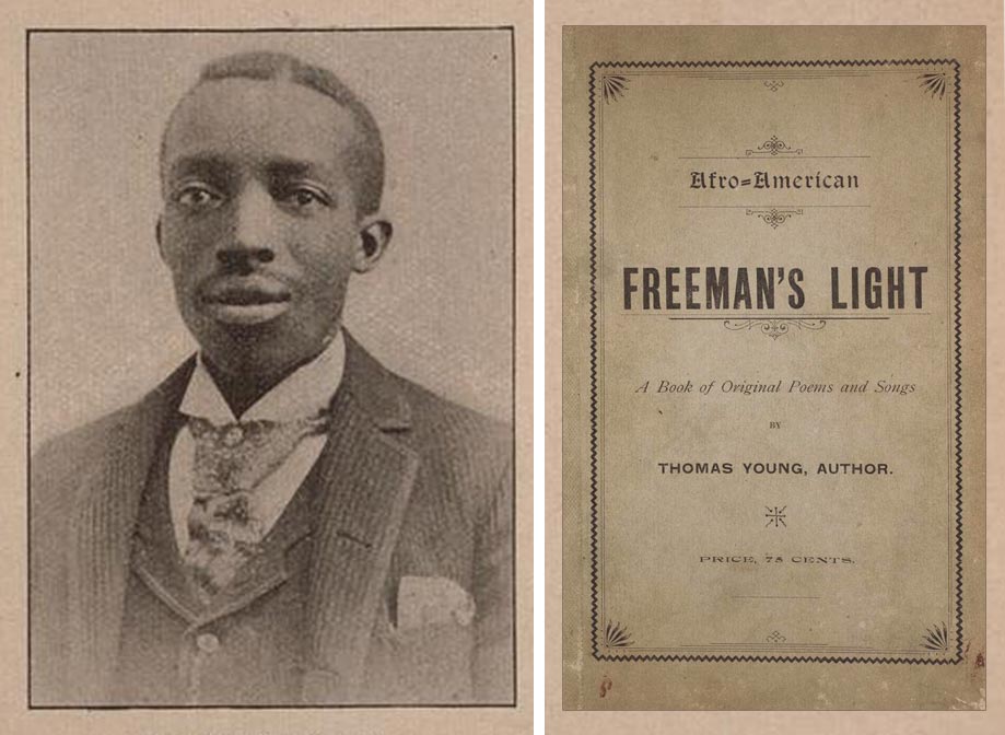 Black-and-white photo of Thomas Young (left) and the “Afro-American Freeman’s Light” book cover.