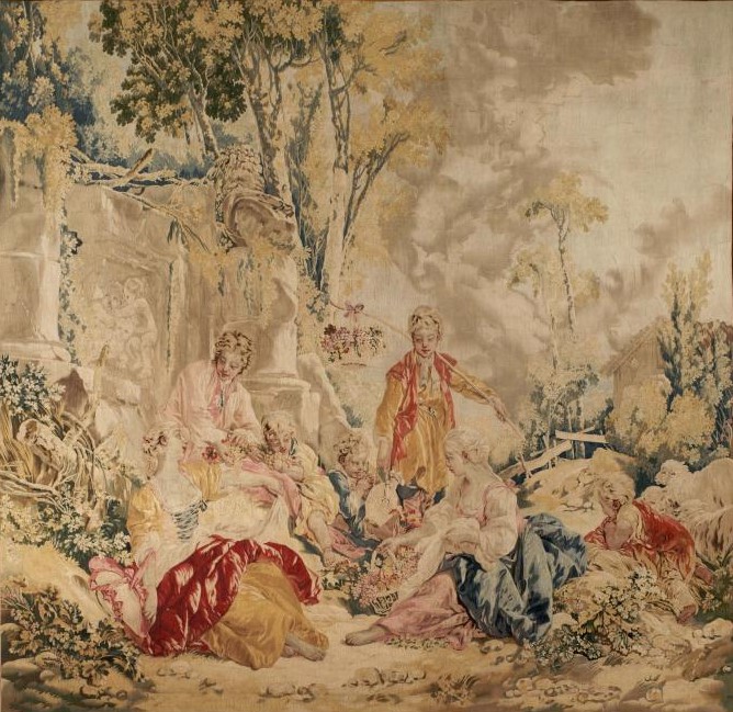 A faded tapestry of children and adults enjoying a picnic among ruins.