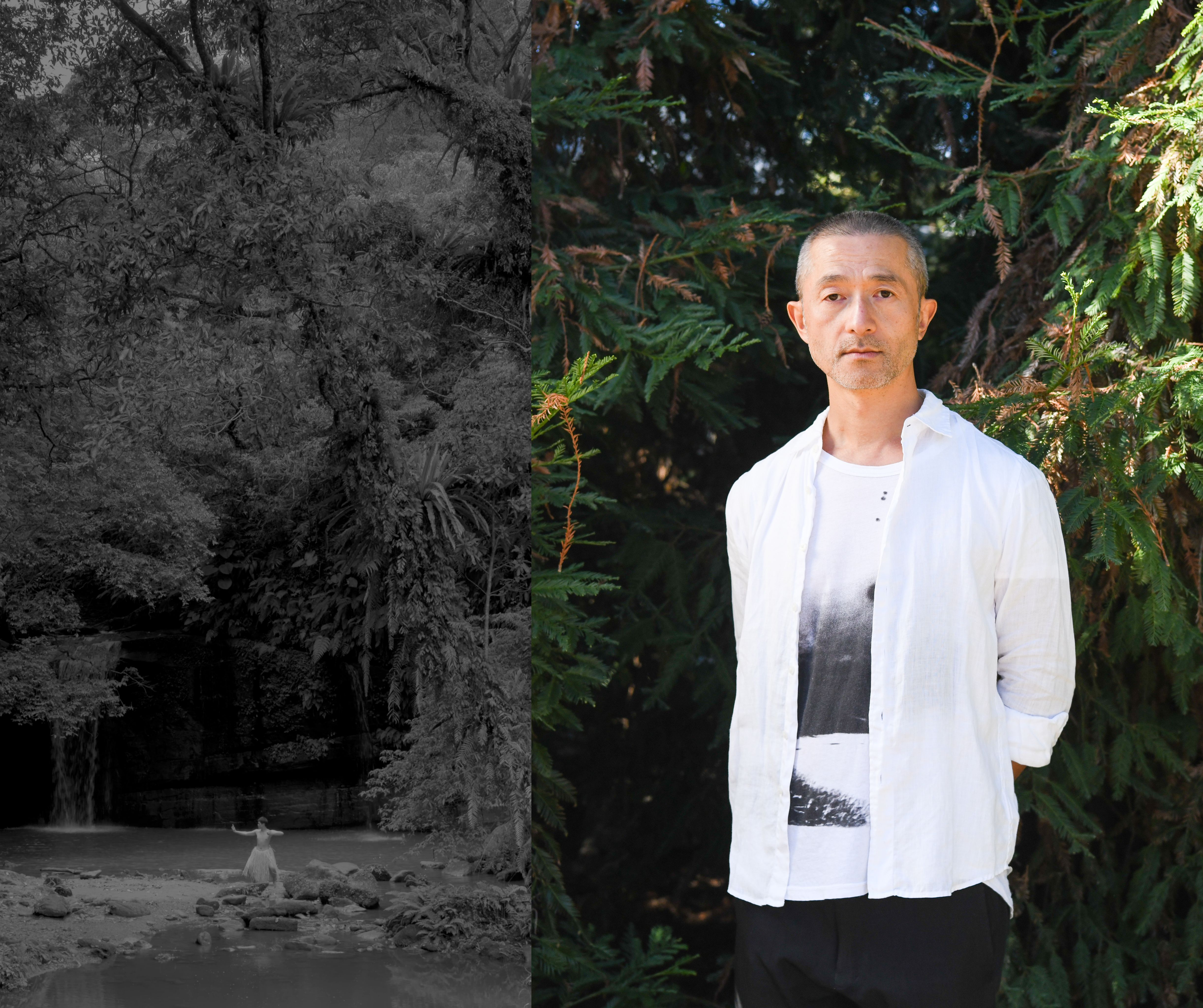 A black-and-white image of a person near a cave with water and plants (left) and a color portrait of a person with short hair who is wearing a white shirt.