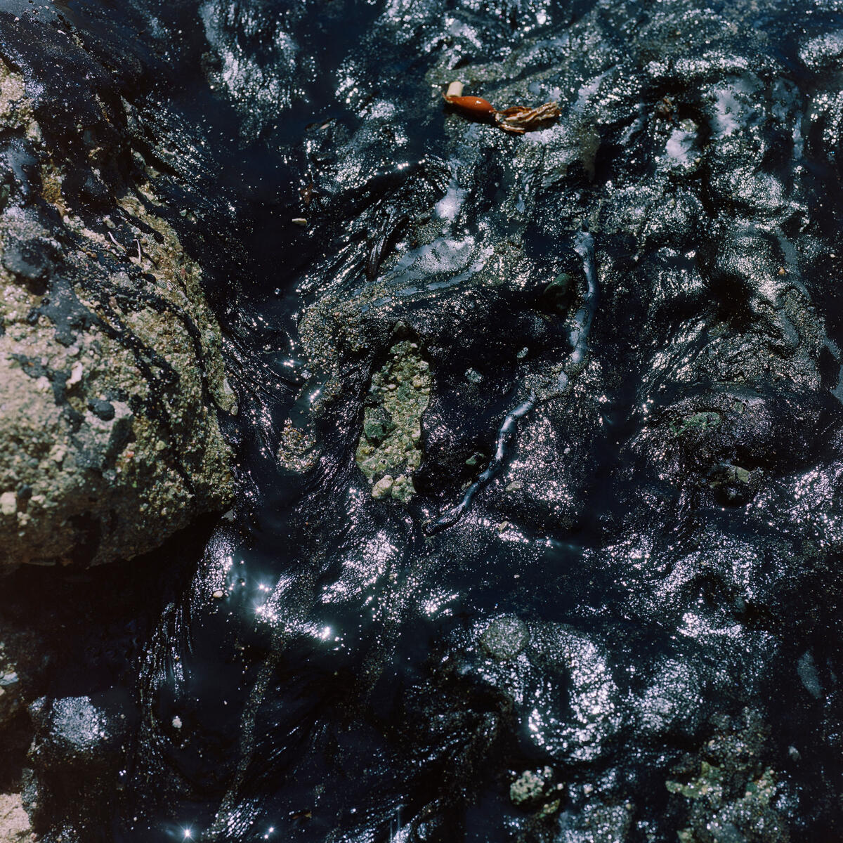 An undulating surface of black tar, spreading over rocks.