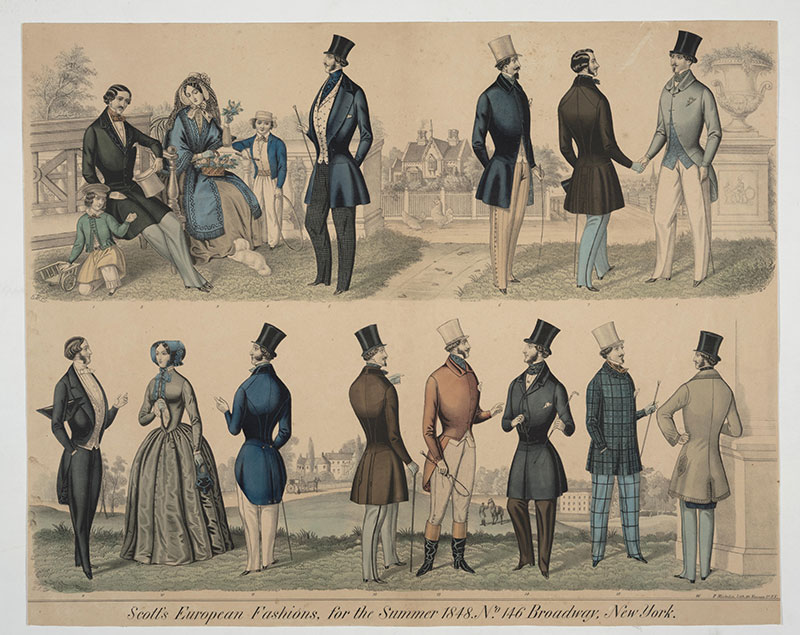 An advertisement that shows men and women in the fashion of 1848.