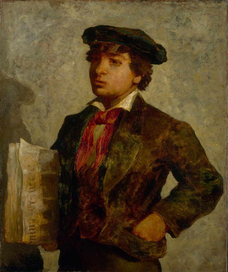 Portrait of a boy with one hand in his jacket pocket and the other holding a stack of newspapers.