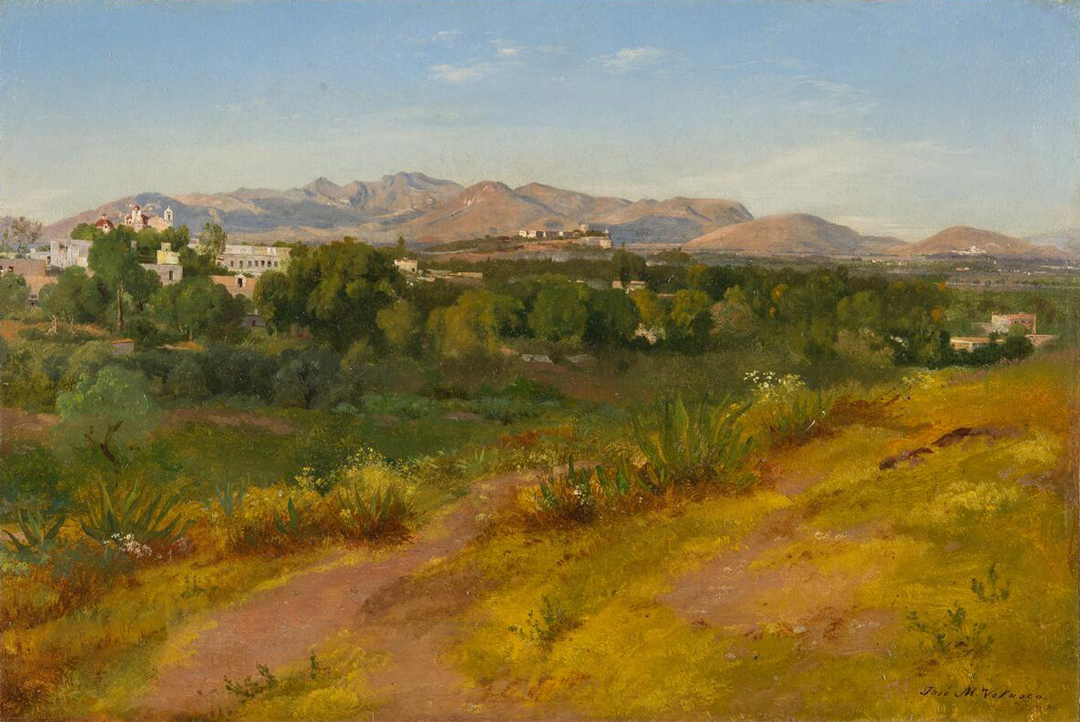 A painting of a landscape with dense trees and mountains in the distance.