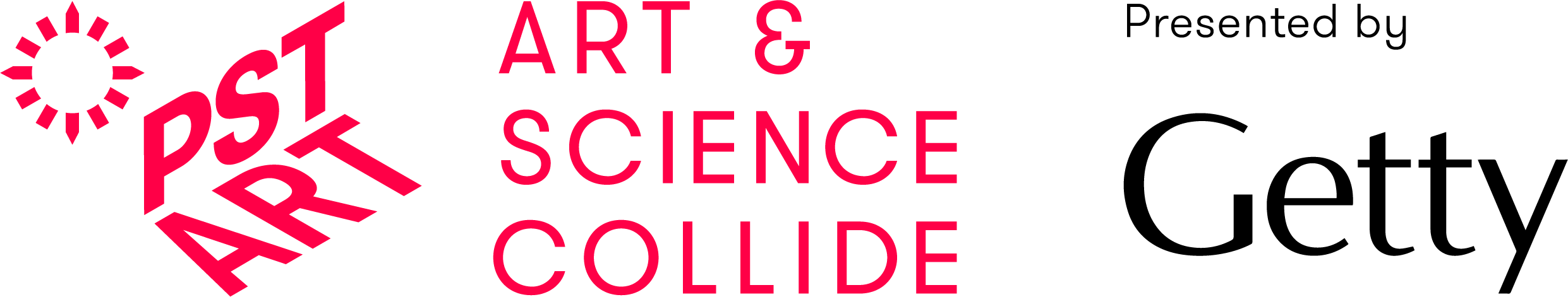 A red logo of a stylized sundial, and text that reads "PST ART, Art & Science Collide" and back text that reads "Presented by Getty" 