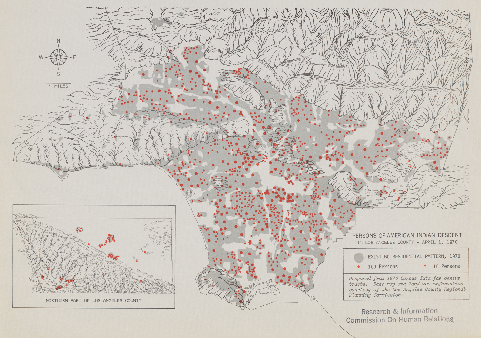 A Los Angeles County map with red dots that indicate population numbers.