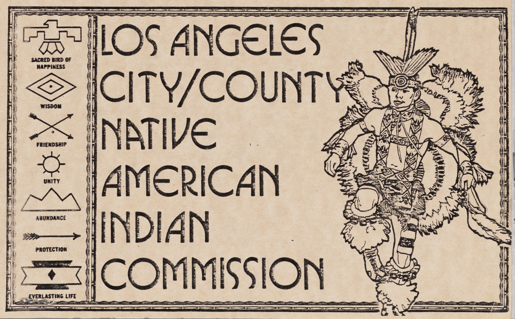 A drawing of a person in a Native American ceremonial outfit, with symbols and their meanings on the left. The text reads: “Los Angeles City/County Native American Commission.”