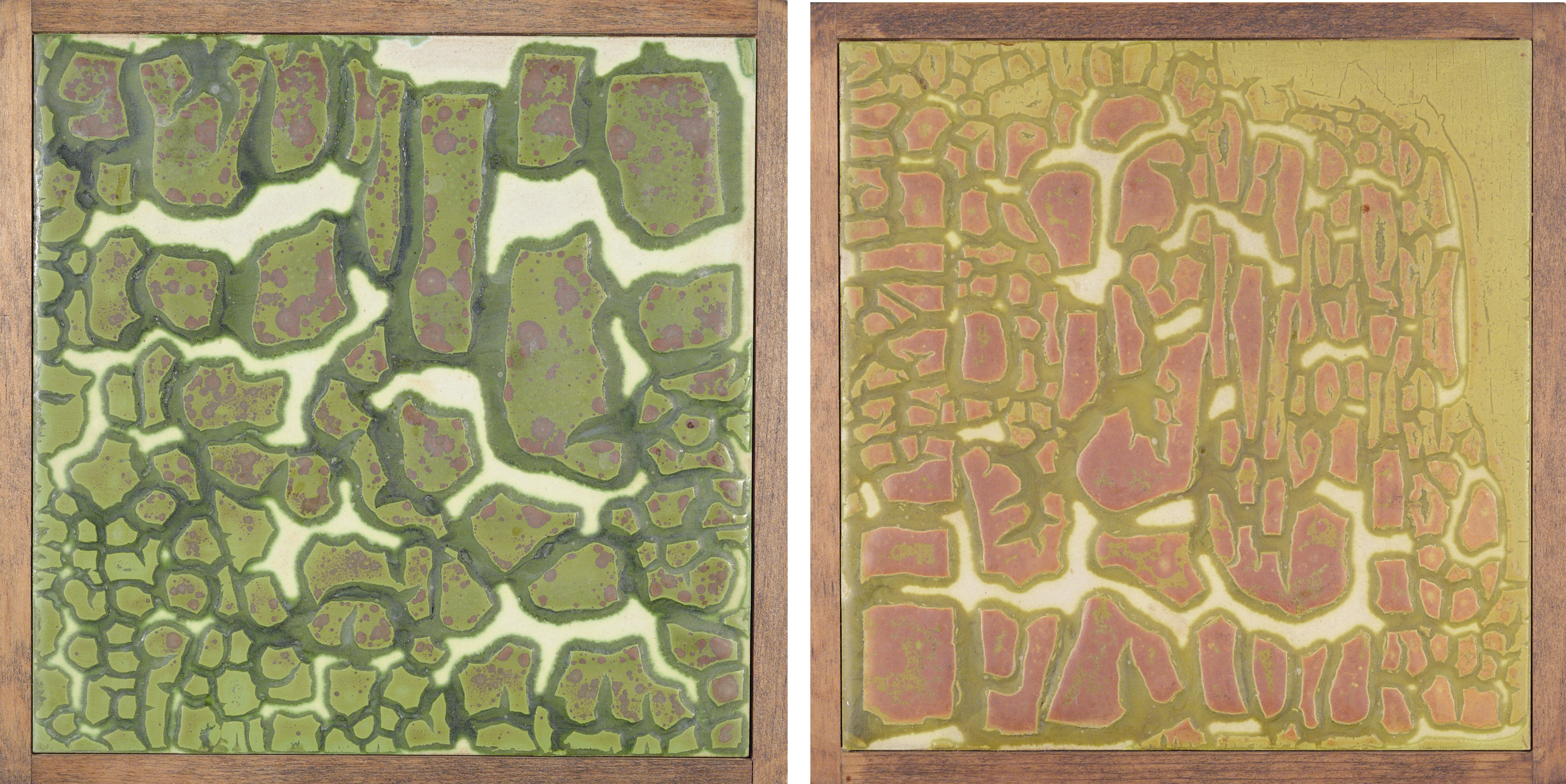 Two ceramic tiles in wood frames, each with abstract color patterns: one in green (left) and one in yellow and pink (right).