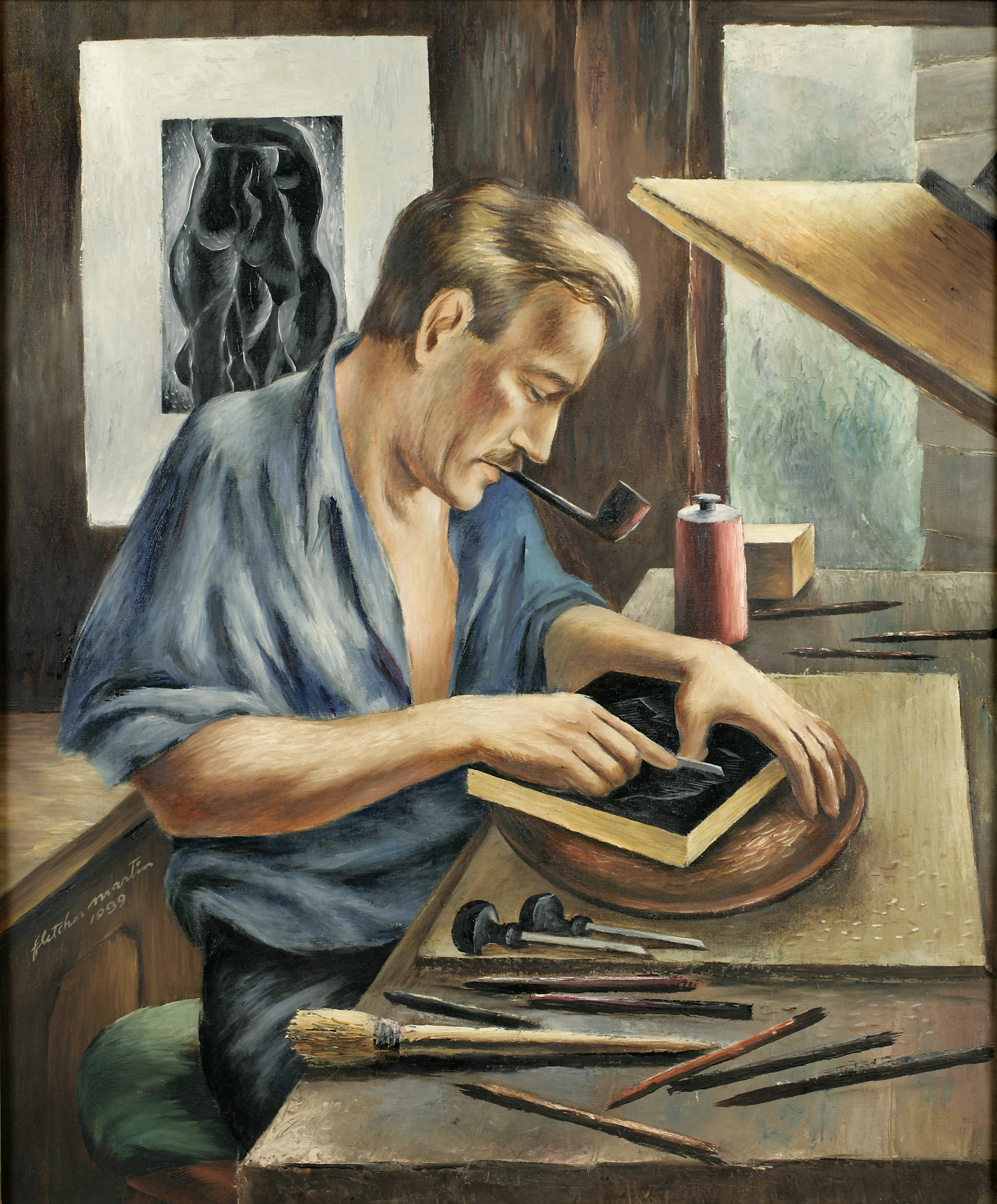 Oil on canvas portrait of a mustachioed person smoking a pipe as they carve a piece of wood on a table in a studio.