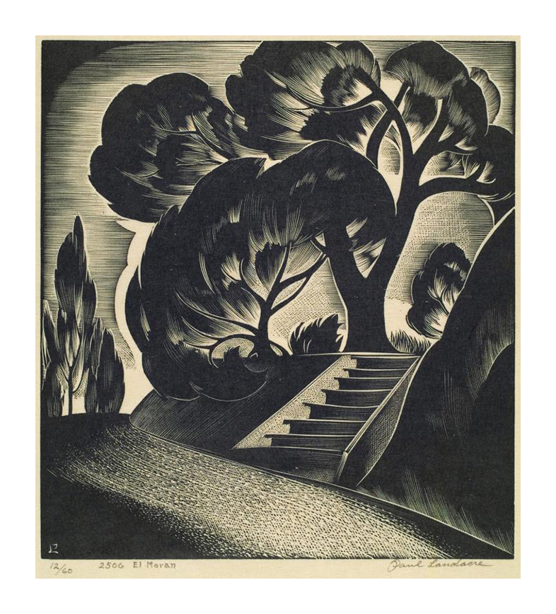 Black and white woodcut artwork depicting a rising path with a staircase that leads straight up to the top of a hill. Above the staircase, massive trees that seem to be lit from behind tower over the hilltop.