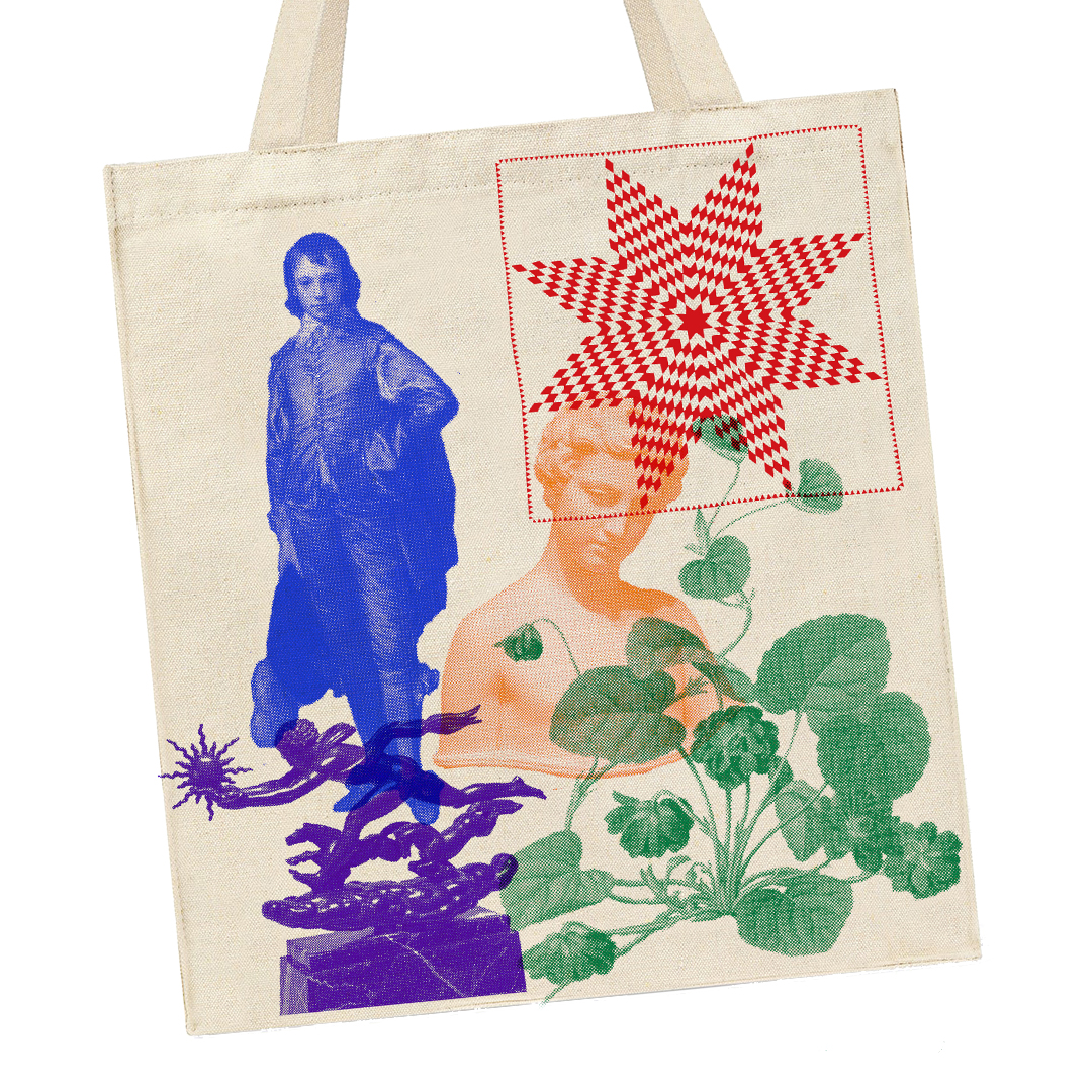 A tote bag with colorful designs.