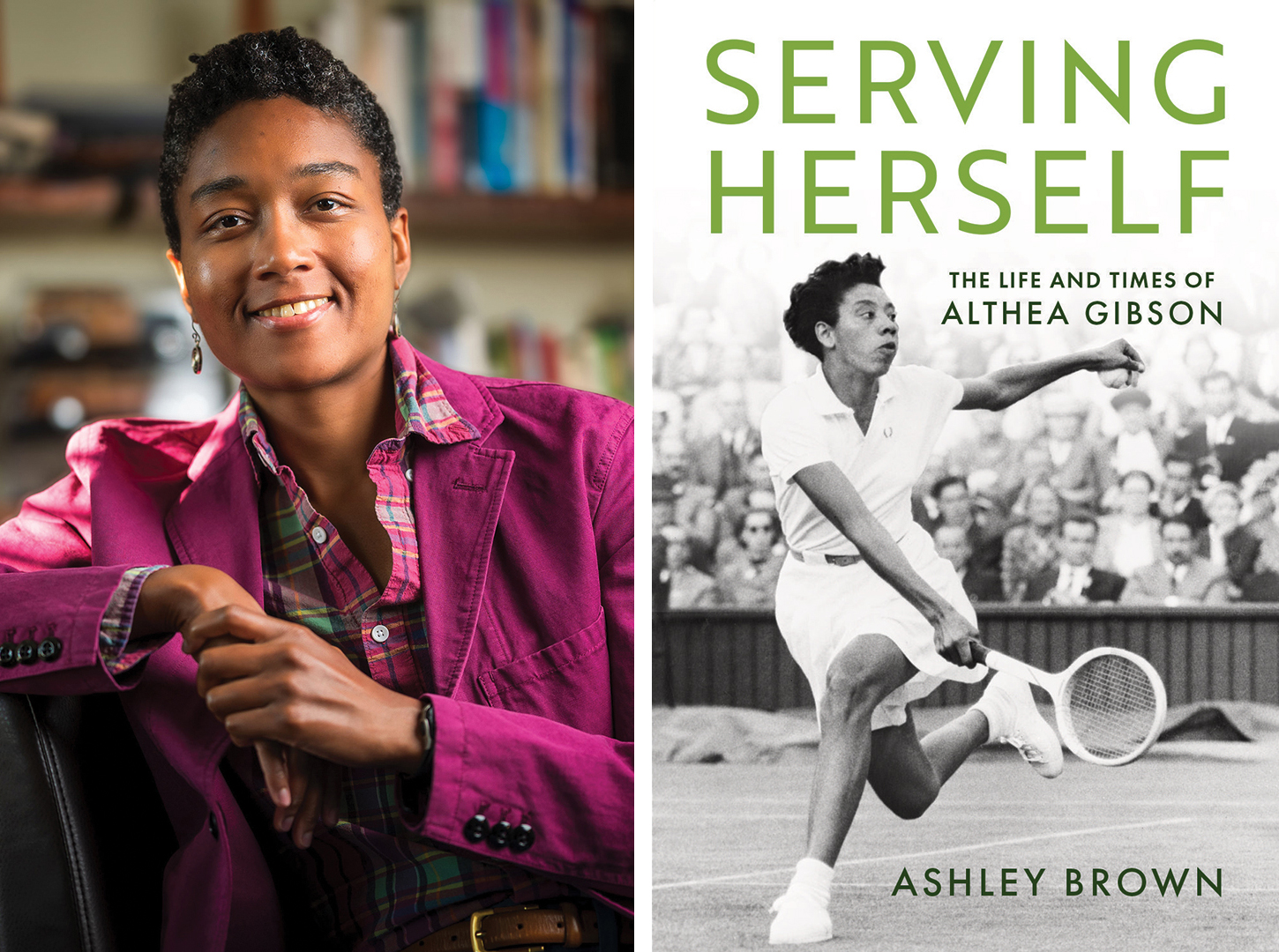 Left: A person with short hair, wearing a magenta suit jacket. Right: A book cover with a black-and-white photo of a tennis player in action.