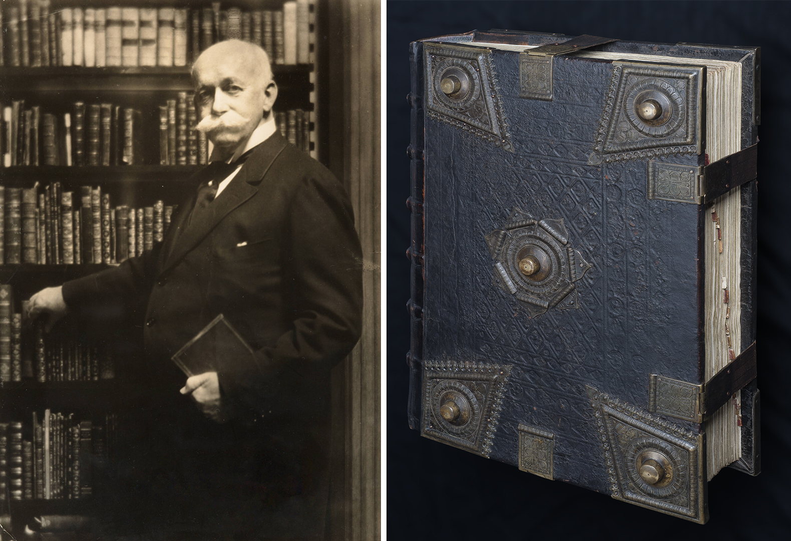 A composite image, on left a black and white image of a person in a suit in a library, on right a book bound with leather and metal accents.