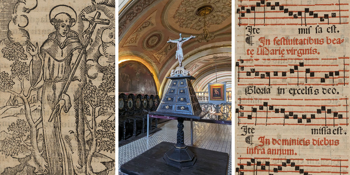 Three images, from left to right, an illustration of a religious figure holding a cross, a statue of Christ on the cross in a church, and a detail view of music notes on a page.