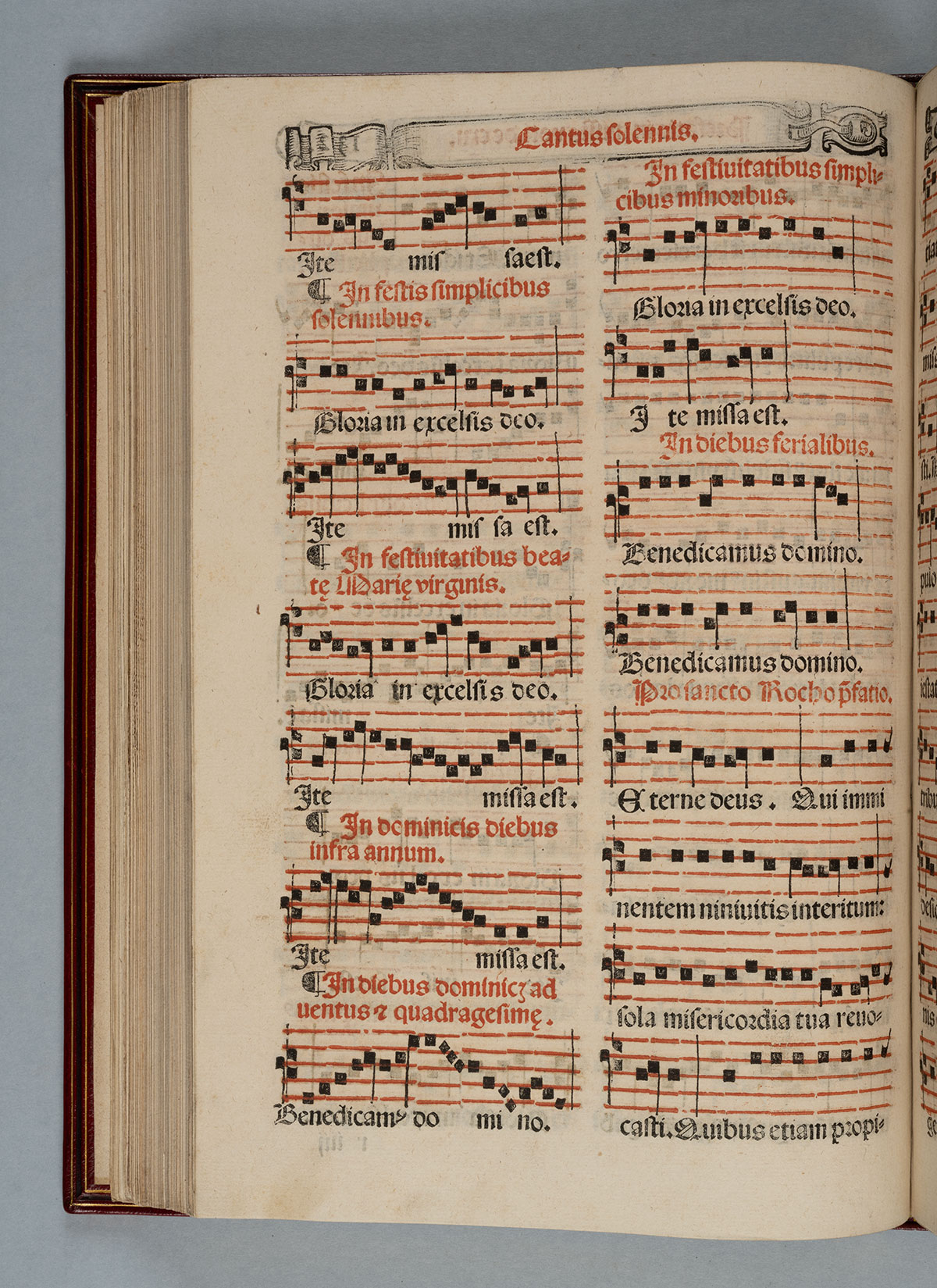 A book opened to a page of musical notes and latin chant notation.