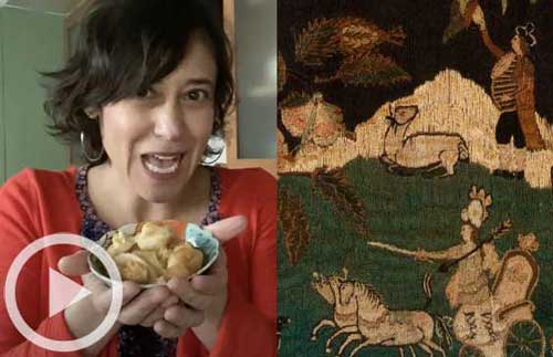 Maite Gomez-Rejón with apple cobbler and embroidery sample