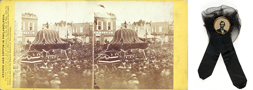 The stereograph by Ridgeway Glover (1831-1866) shows the hearse that carried Lincoln’s casket through Philadelphia’s packed streets on April 23, 1865. Many wore mourning badges, like the one on the right, which features an 1865 gem tintype photograph by Anthony Berger for the Mathew B. Brady Studio.