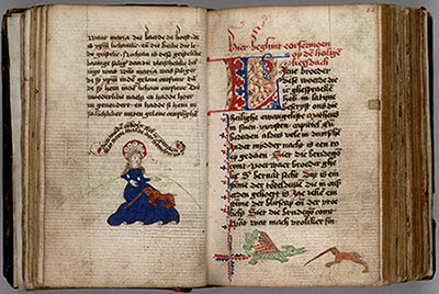 Colored drawing of a virgin with a unicorn in her lap; on the facing page, the beginning of a sermon and, at the bottom of the page, a dragon and unicorn fighting. HM 1048, back/front of leaf 21 and 22. The Huntington Library, Art Collections, and Botanical Gardens.
