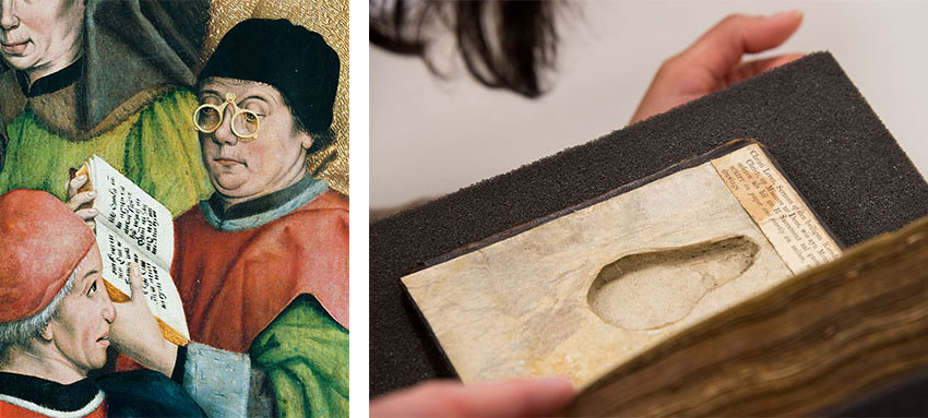 Left: The rivet spectacles in this image would fold into a pear shape. Detail of The Presentation in the Temple by Friedrich Herlin (1425/30–1500), left inner panel of the high altar of the St. Georg church in Nördlingen, Germany, currently housed at the Stadtmuseum Nördlingen. Photograph: Institute for Material Culture–University of Salzburg. Right: Close-up of the pear-shaped recess inside the front cover of HM 1048. Photograph by Kate Lain.