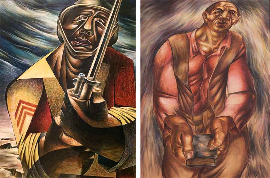 Charles White addressed the terrible history of racial inequality in the United States through portraiture, painting historical figures and generalized types, such as his Soldier, 1944 (left), and Preacher, 1940 (right).