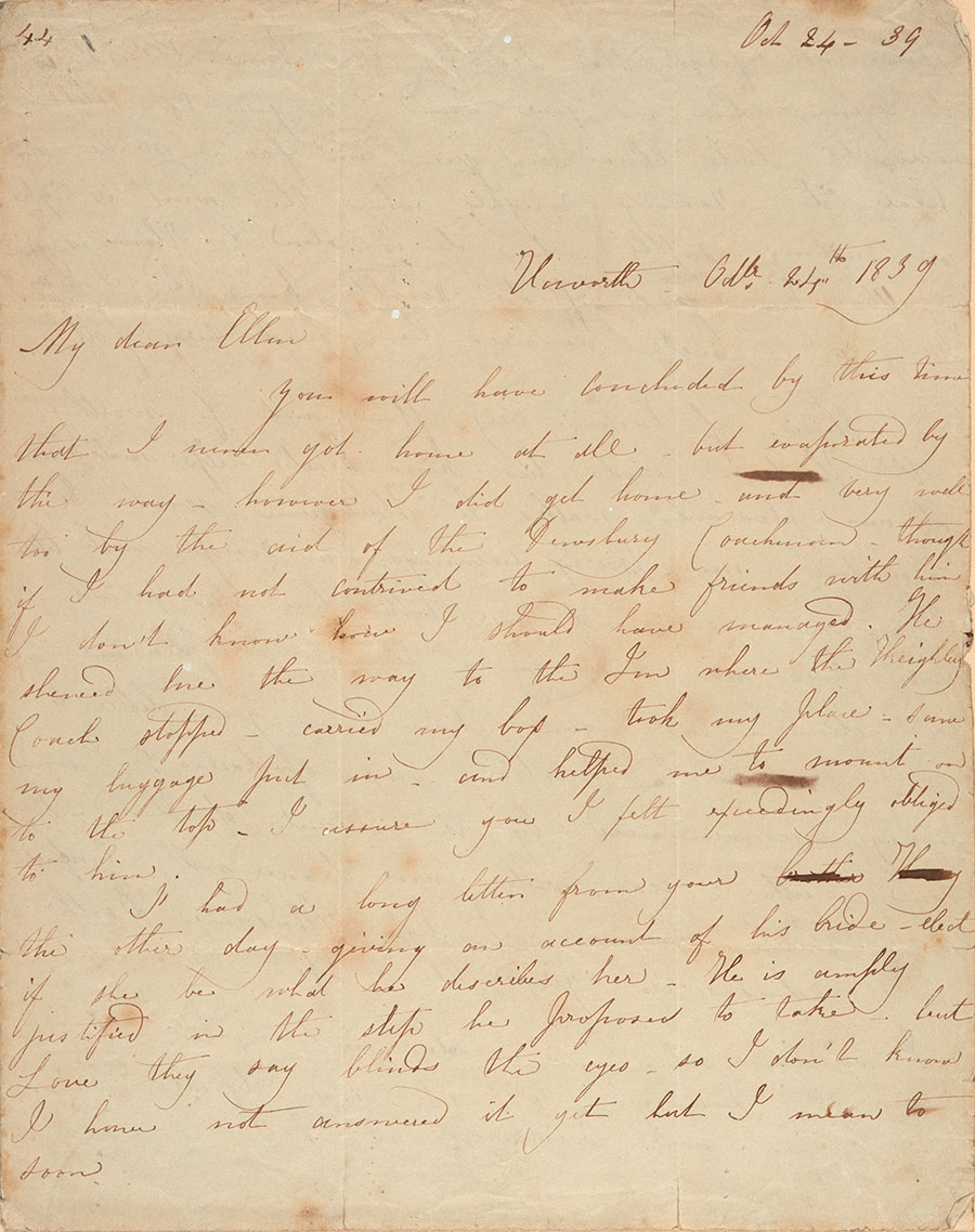 First page of Charlotte Brontë’s letter to Ellen Nussey, Oct. 24, 1839. The Huntington Library, Art Collections, and Botanical Gardens. 