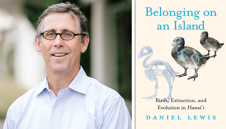 Left: Daniel Lewis, Dibner Senior Curator of the History of Science and Technology at The Huntington. Right: Cover of Belonging on an Island: Birds, Extinction, and Evolution in Hawai‘i