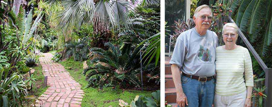 Left: Cycads lining a brick walk in Loran Whitelock’s garden in 2014, shortly before The Huntington acquired his cycad collection. Photograph by Kate Lain. Right: Loran Whitelock and his wife, Eva, in front of their home. Photograph by Jim Folsom.