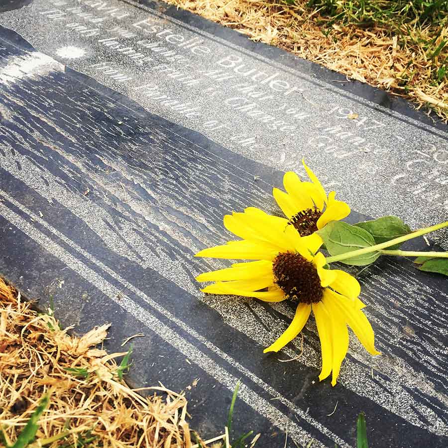 Butler’s gravestone in Altadena’s Mountain View Cemetery. The inscription reads: “Octavia Estelle Butler, 1947–2006. ‘All that you touch, you change. All that you change, Changes you. The only lasting truth is Change. God is Change,’ from Parable of the Sower.” Photo courtesy of Lynell George.