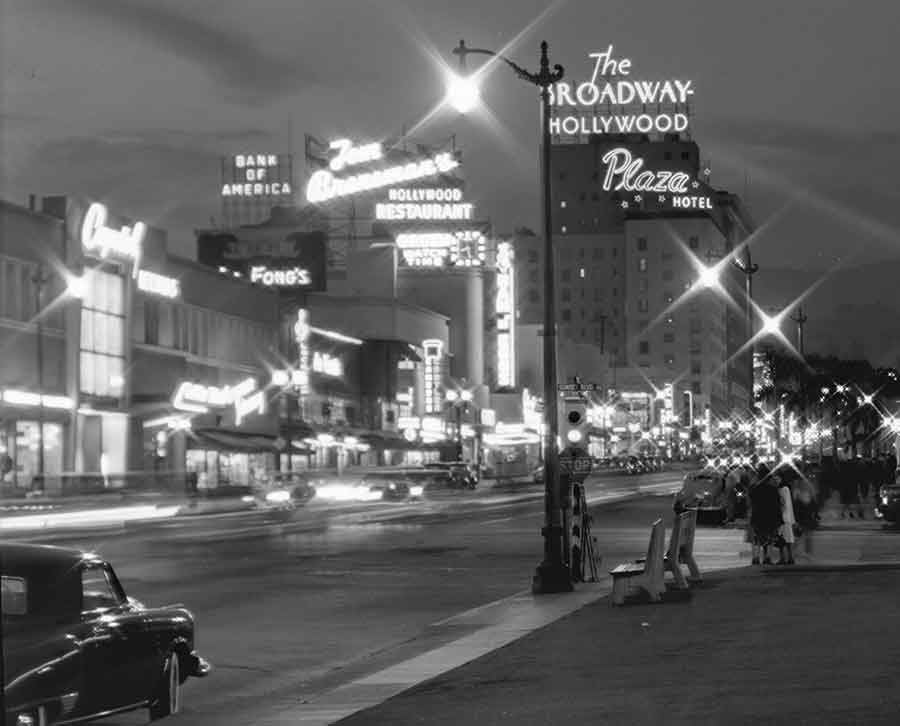 Vine Street at Sunset Boulevard, at Night, July 27, 1948. Photograph by Bob Plunkett. Ernest Marquez Collection. The Huntington Library, Art Museum, and Botanical Gardens. 