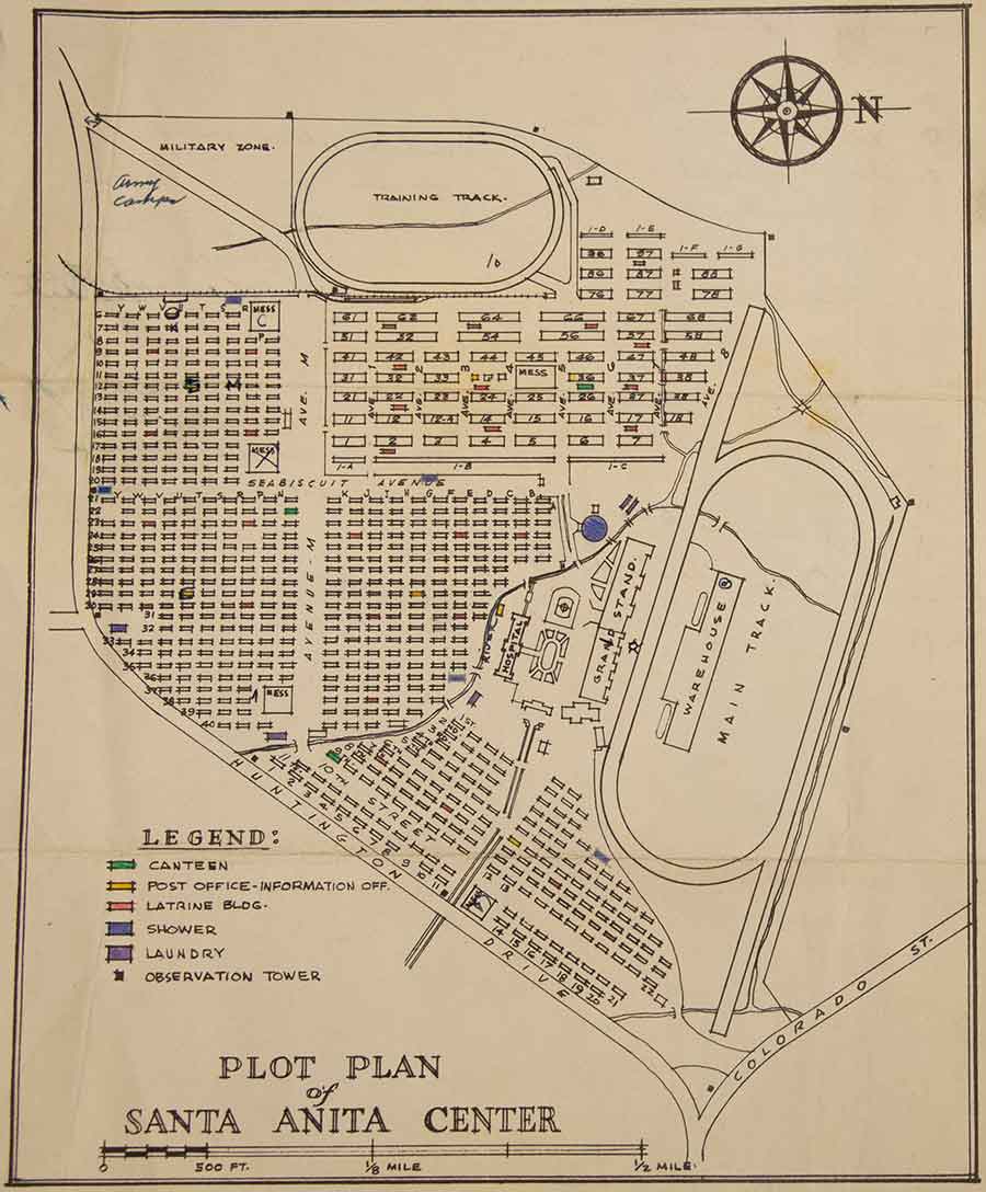 Plot plan of the Santa Anita Assembly Center, 1942, Arthur Ito papers. Assembly centers were created to house Japanese Americans temporarily until they could be transported to internment camps. The Santa Anita racetrack in California was one of the largest assembly centers in the nation, housing approximately 18,000 Japanese Americans. The Huntington Library, Art Museum, and Botanical Gardens. 