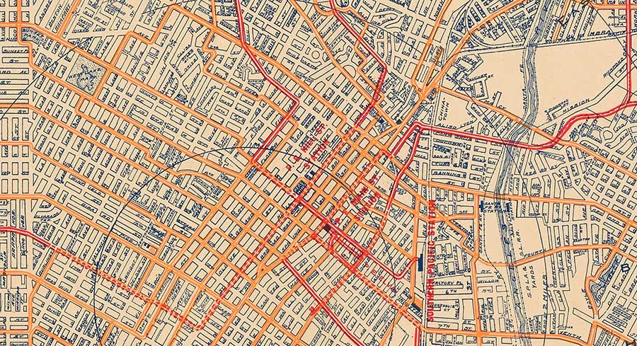 All rail lines lead to downtown Los Angeles, in 1919. Whitlock’s tracings measure radial distance from this core district—appearing to give it a pulse.
