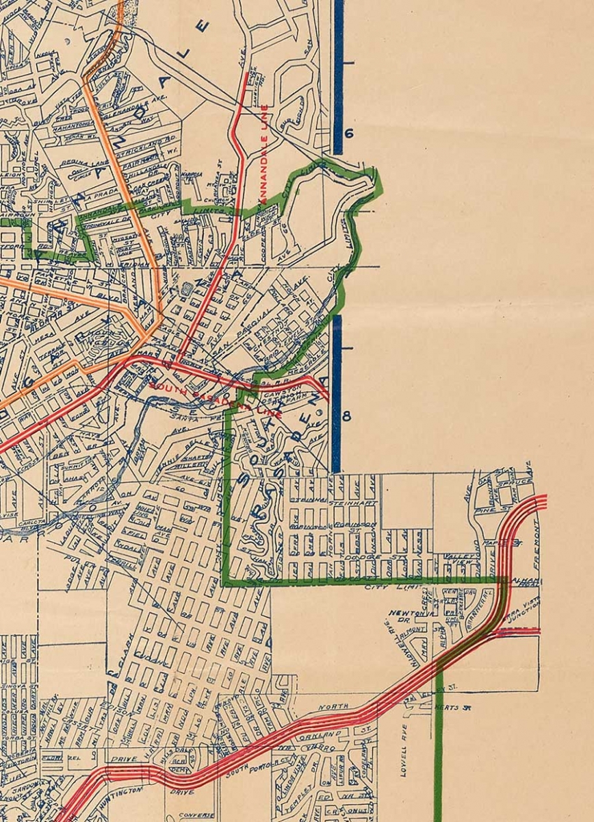 The top-right corner of the map shows the coordinate system Whitlock included for viewers to find and describe locations. Not only do the neighborhoods of Garvanza, South Pasadena, and El Sereno exceed the green line of the official city limits—they punch through the frame of the map itself!