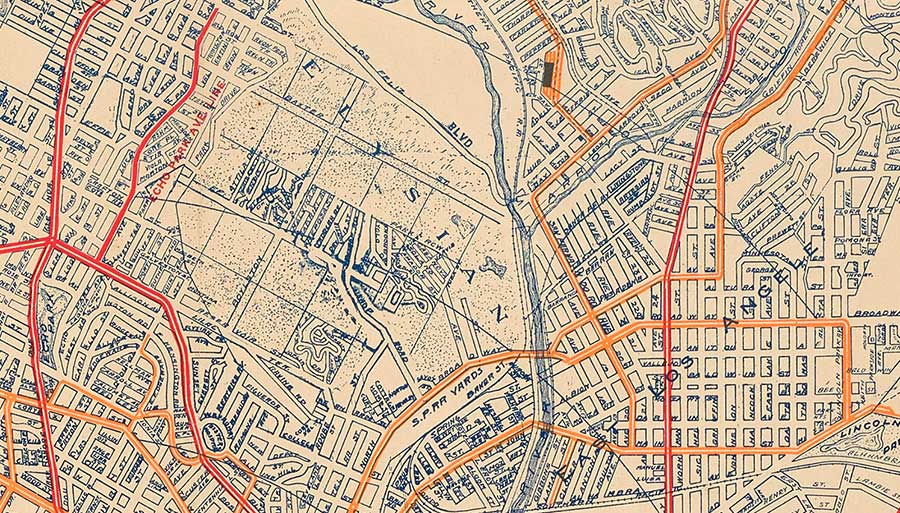 In the thick of Whitlock’s map, beneath the word “Elysian,” we get a valuable glimpse of the layout of Chavez Ravine, the neighborhood that existed before the valley was forcibly wrested from its Chicano owners to build Dodger Stadium in the 1950s.