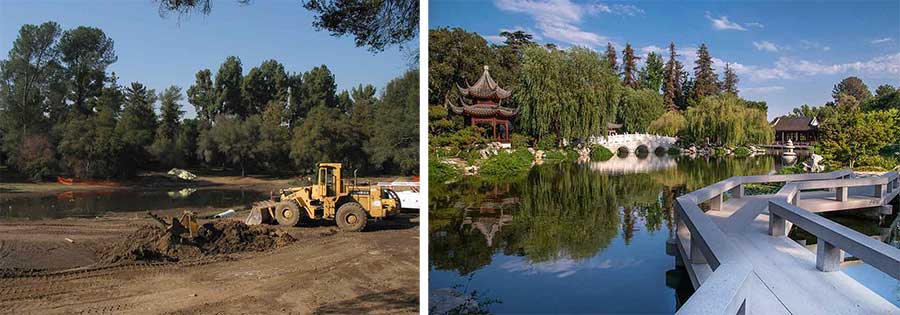 Left: Site of the Chinese Garden lake in 2002. Right: View of the Lake of Reflected Fragrance in 2018, showing some of the original features of the Chinese Garden—the Garden of Flowing Fragrance—that opened in 2008 (left to right): the Pavilion of the Three Friends, the Jade Ribbon Bridge, and the Hall of the Jade Camellia. In the foreground is the Bridge of the Joy of Fish. Photograph by Martha Benedict.