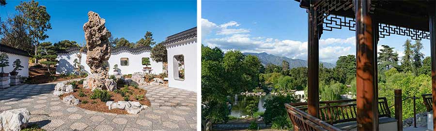 Two new features of the Chinese Garden in 2020. Left: The Cloudy Forest Court, one of the architectural features within the Verdant Microcosm, the Chinese Garden’s new penjing complex. Photograph by Jamie Pham. Right: View from the Stargazing Tower, situated on the highest point in the garden. The name pays homage to the nearby Mount Wilson Observatory—visible from the tower—and to the work of astronomer Edwin Hubble, whose papers are part of the The Huntington’s holdings in the history of science. Photograph by Aric Allen.