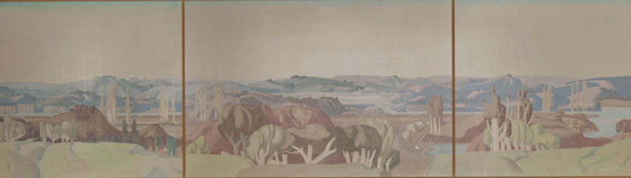 Detail from Mural for the Home of Fred H. and Bessie Ranke, 1934, by Millard Sheets. Depicting a bucolic California landscape of stylized hills and trees, the mural—painted on a woven wall covering—was painstakingly removed and conserved before being installed in the Stewart R. Smith Board Room at The Huntington. Photograph by Tim Street-Porter.