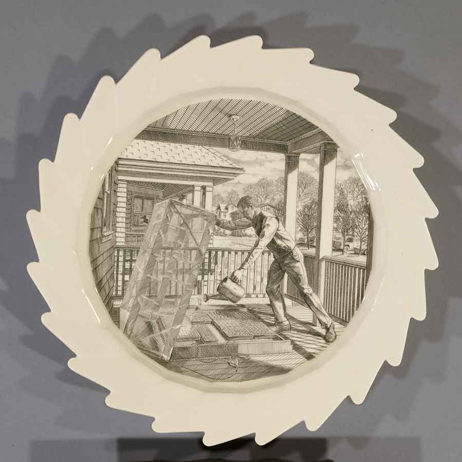 Andrew Raftery, March: Watering the Cold Frame, 2009-16, engravings transfer printed on glazed white earthenware, diameter: 12 1/2 in. (31.8 cm). The Huntington Library, Art Museum, and Botanical Gardens. Purchased with funds from Richard Benefield and John F. Kunowski. © Andrew Raftery.