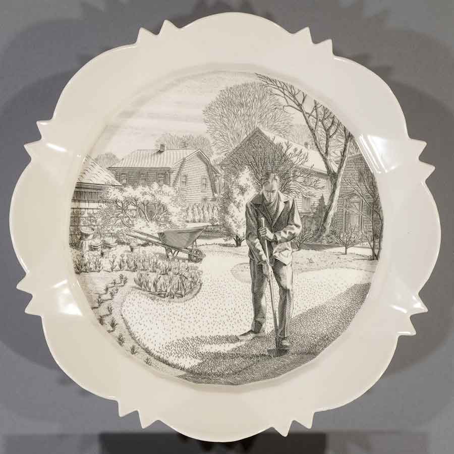 Andrew Raftery, April: Edging the Beds, 2009-2016, engravings transfer printed on glazed white earthenware, diameter: 12 1/2 in. (31.8 cm). The Huntington Library, Art Museum, and Botanical Gardens. Purchased with funds from Richard Benefield and John F. Kunowski. © Andrew Raftery.