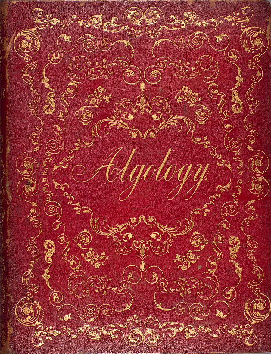 Elaborately bound in red leather, Algology is embossed with gold cursive lettering and gold flourishes