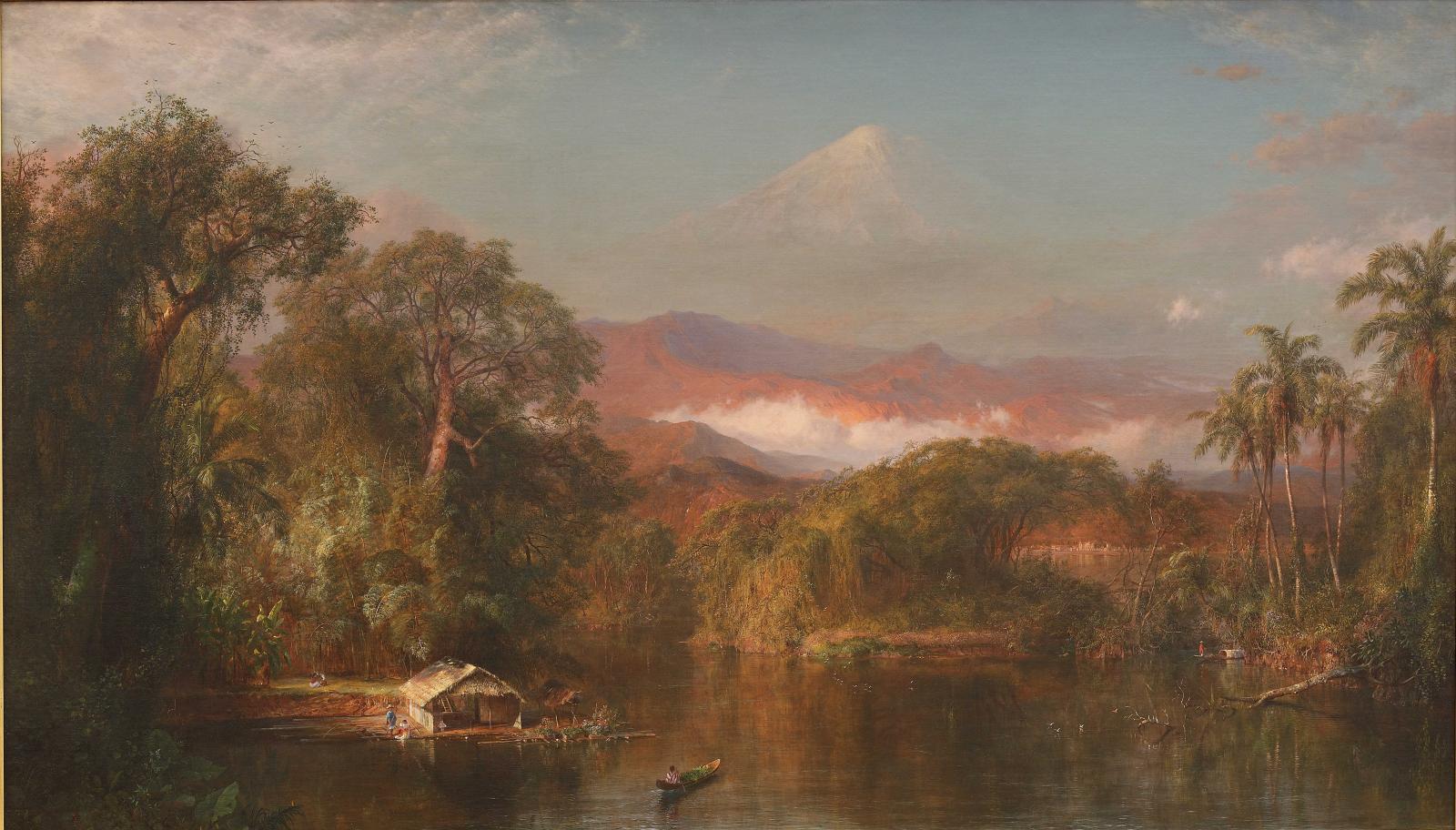 Painting with a reddish mountain in the background, hills in the midground, and trees and water in the foreground.