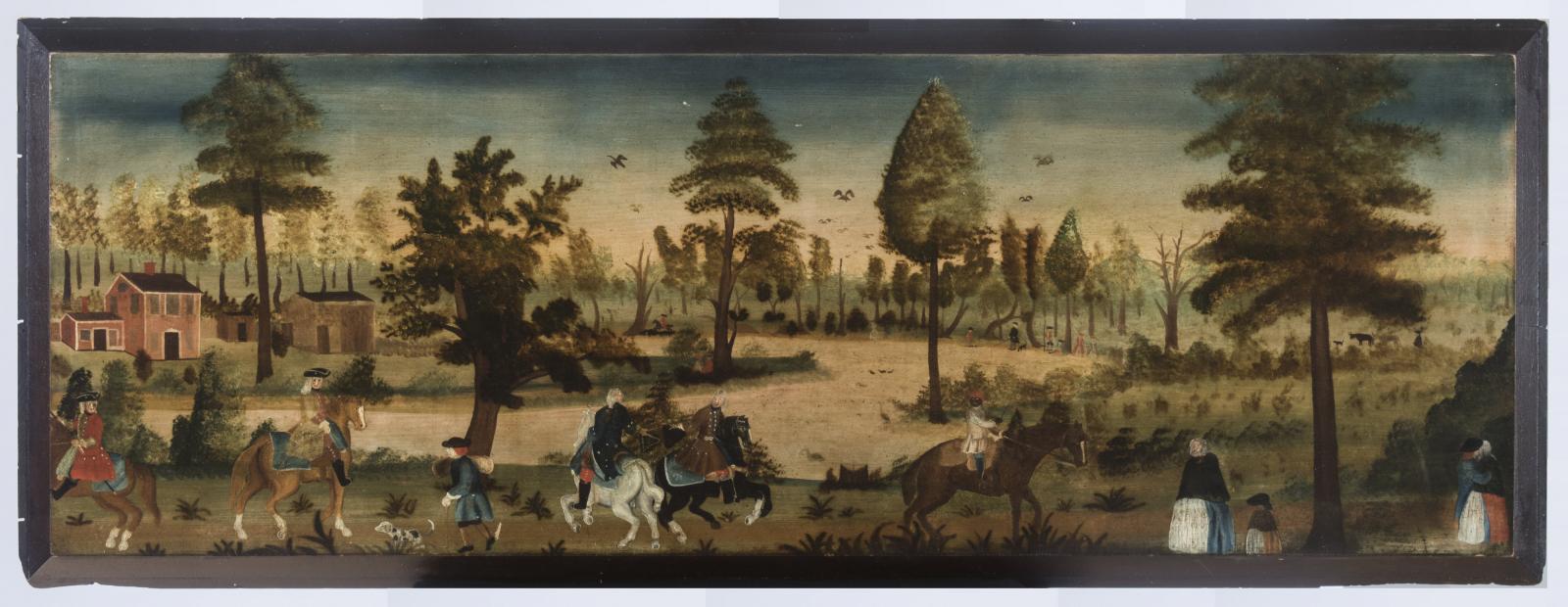 Painting of an outdoor setting with pond and trees, populated with characters on horseback and on foot along a path in the foreground and additional figures interspersed in the background. 