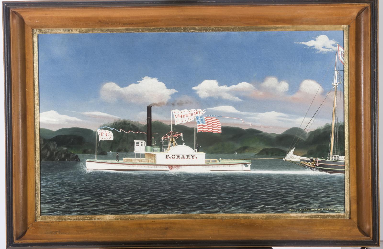 Oil painting of the profile of a steamship on the water in front of green hills; the boat is flying an American flag and towing a sloop with a tall mast, the sloop's back half cut off from view by the edge of the canvas.