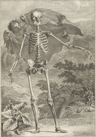 A skeleton stands in front of a nature scene with hills and trees and shrubs. A flying baby with a piece of cloth is above the skeleton's left shoulder.f