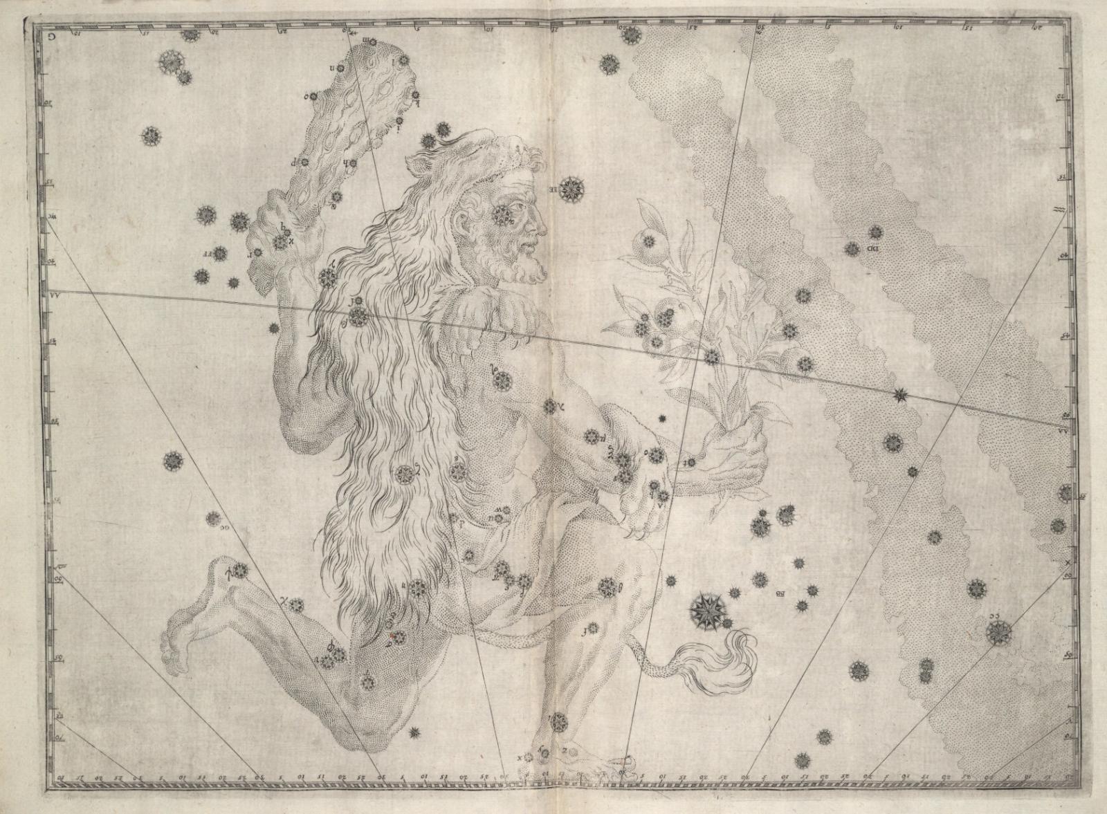 Printed chart with stars of different sizes and an illustration of a person wearing a lion skin and holding a club in one hand and a plant sprig in the other
