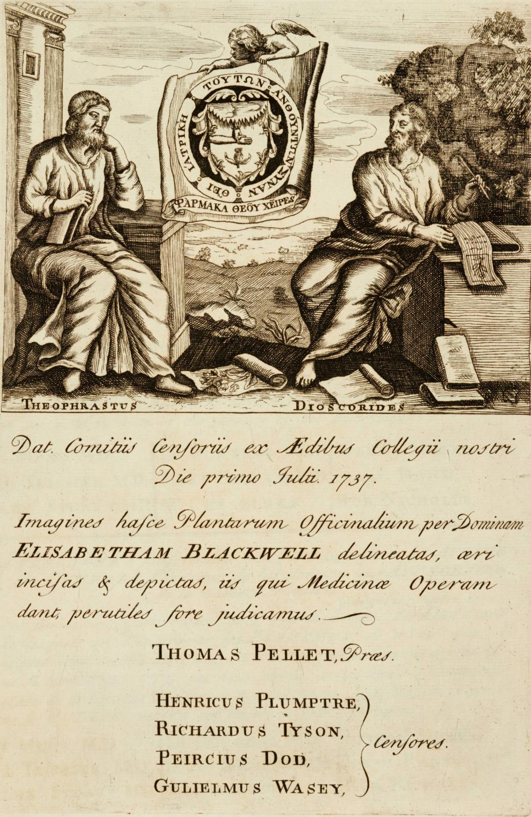 Printed page with an illustration of two people in loose robes looking at one another. Below one person is the text "THEOPHRASTUS" and below the other person is the text "DIOSCOREDES" under the illustration is text in Latin.