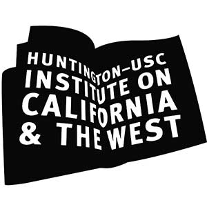 White text on a solid black image of an open book that says Huntington-USC Institute on California & the West.