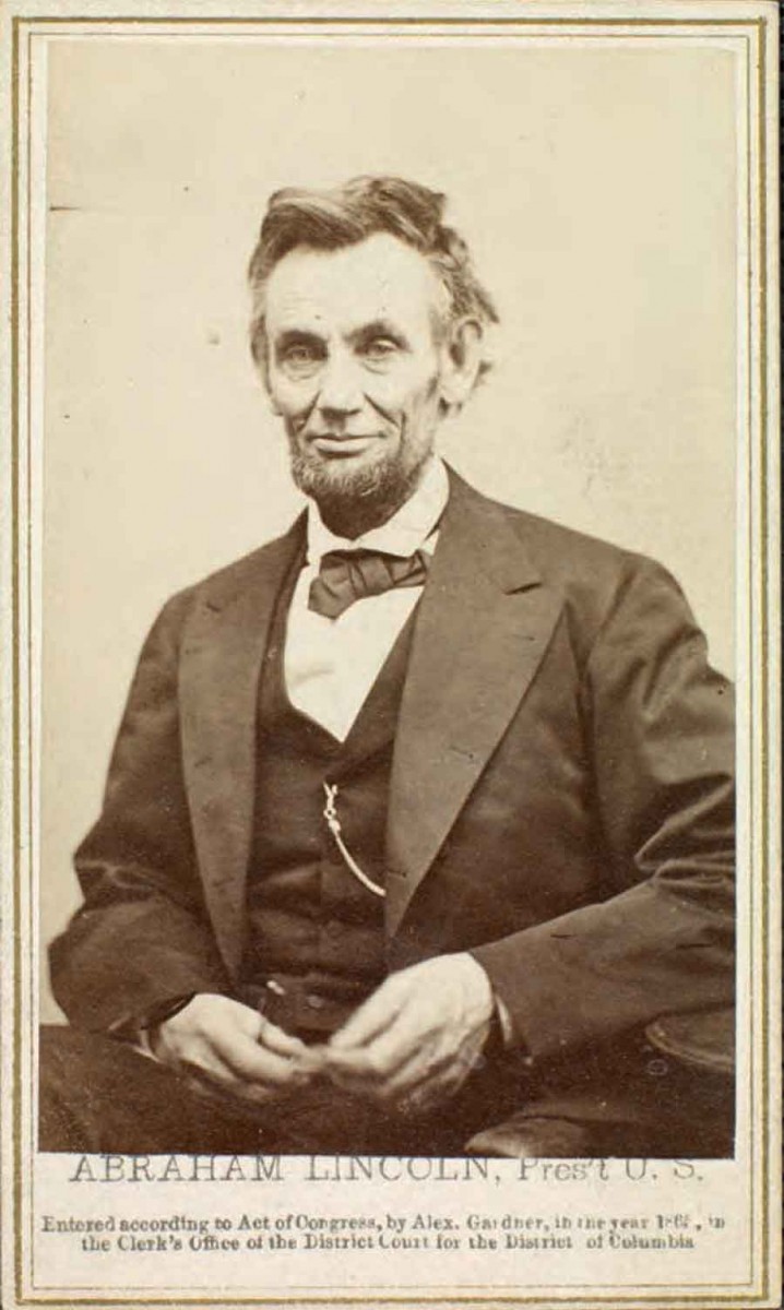 Richard W. Fox says an 1865 photograph of Abraham Lincoln by Alexander Gardner “showed how fully he’d given his body up to his body up to the twin causes of union and emancipation.” This photo, from The Huntington’s collection, is the carte-de-visite format of the image Fox describes. Measuring about two by three inches, it was popular as a keepsake.