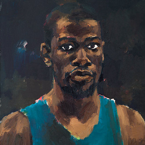 Lynette Yiadom-Boakye portrait of a young black man in a blue tank top titled "Greenhouse Fantasies"