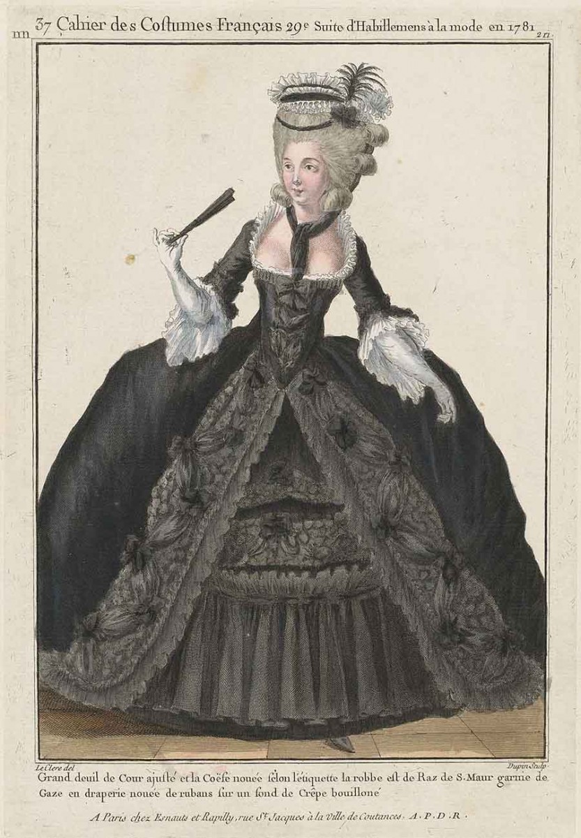 This court mourning dress from 1781 is made from Raz de Saint-Maur, a fabric favored for the occasion because, unlike satin, it was non-reflective. (From The Elizabeth Day McCormick Collection. Photograph © Museum of Fine Arts, Boston.)