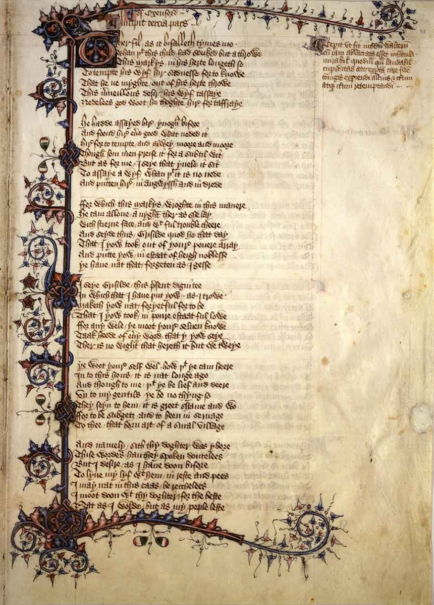 The Ellesmere Chaucer, a beautifully decorated manuscript of Geoffrey Chaucer’s Canterbury Tales, was created between approximately 1400 and 1410, using iron gall ink for the text lettering. The Huntington Library, Art Collections, and Botanical Gardens.