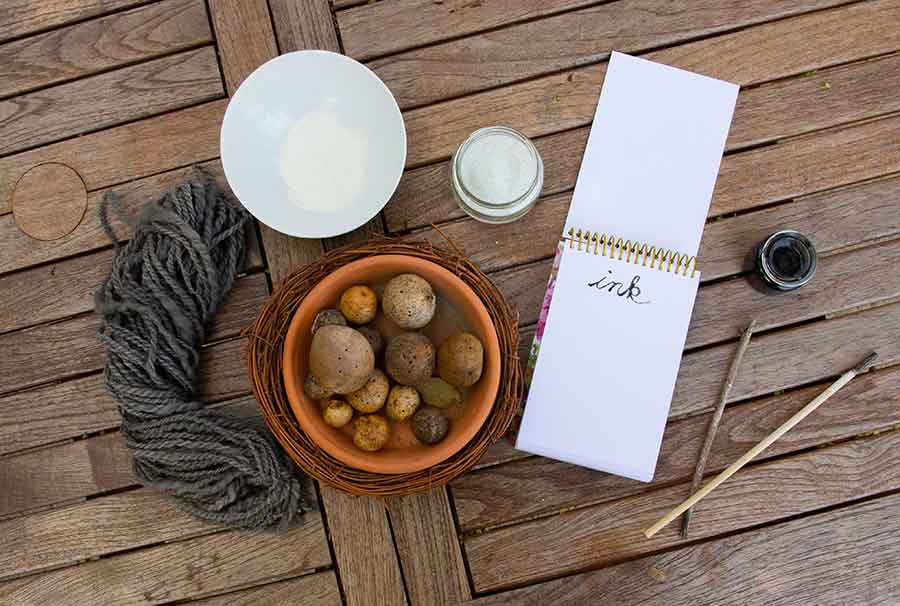 A collection of the materials used to make iron gall ink, yarn dyed with the ink, and ink used on paper. Photo by Deborah Miller.